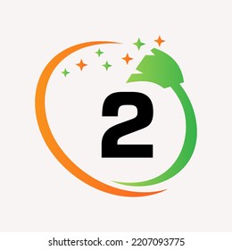 Initial House Cleaning Logo On Letter 2 Concept. Maid Logotype Vector Symbol