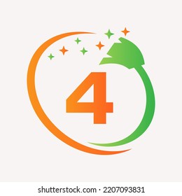Initial House Cleaning Logo On Letter 4 Concept. Maid Logotype Vector Symbol