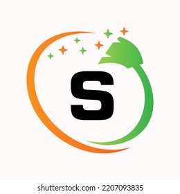 Initial House Cleaning Logo On Letter S Concept. Maid Logotype Vector Symbol