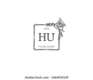 Initial HU beauty monogram and elegant logo design, handwriting logo of initial signature, wedding, fashion, floral and botanical with creative template.