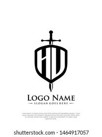 initial HU letter with shield style logo template vector