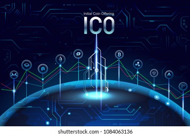 Initial ICO coin offering concept illustration. Digital money system banner. ICO promotion with coins signs , Graph,  invest on another coin.