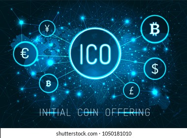 Initial ICO coin offering promo poster with world map. Digital money system banner. ICO promotion with coins signs on cosmic poster vector illustration.
