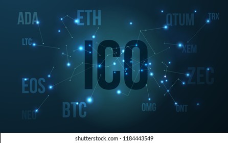 Initial ICO coin offering promo poster. Digital money system banner. ICO promotion with coins signs on cosmic poster vector illustration.
