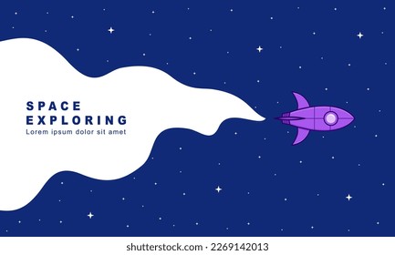 Initial idea Landing page screen, development technology, rocket banner. Rocket launch in the sky flying above the clouds. Starship in a cloud of smoke.