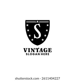 Initial identity letter S with shield and stars logo design vector template. Retro Vintage Premium shield identity logo icon concept