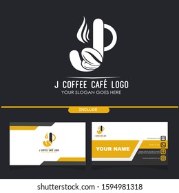 Initial J Coffee Cafe Equipment Simple and Minimalist Logo Template with a Pack of Business Card Application on Black Background