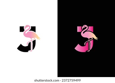Logo inicial de J Flamingo. Icono de pájaro Flamingo con letra J Plantilla de vector de diseño de logotipo.
