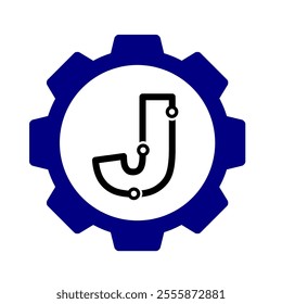 Initial J Gear mechanic technology vector logo template. Letter J modern logo clip art suitable for mechanic bussiness. black blue gear symbol