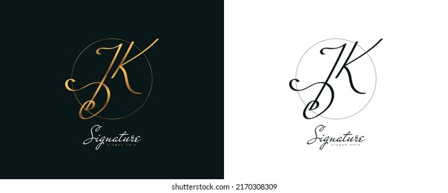 Initial J and K Logo Design in Elegant Gold Handwriting Style. JK Signature Logo or Symbol for Wedding, Fashion, Jewelry, Boutique, and Business Brand Identity