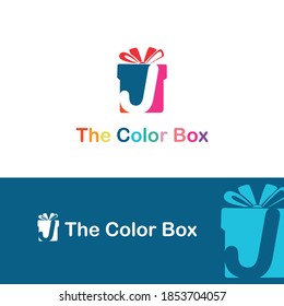 Initial J Letter mit bunter Geschenkbox und Band Logo Vektorkonzept. Vorlage für das Geschenkbox-Symbol