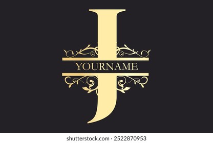 Initial  J letter floral Split Letter Monogram,luxury Wedding invitation Monogram Design,gold color on black background