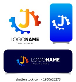 Initial J Letter Gear Logo Design Vector Graphic 