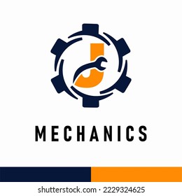 Initial J Letter with Gear and Wrench symbol for mechanic automotive repair business service logo template