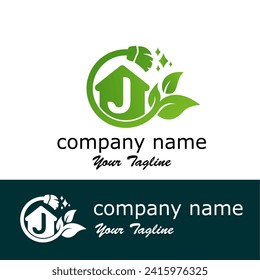 Initial J Letter with leaves and broom for  home maintenance, home care, or cleaning service modern logo idea