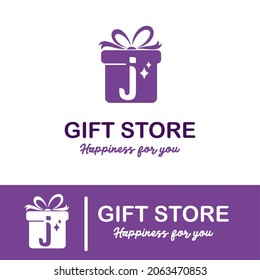 
Initial j Letter on Gift Box for Simple Modern Gift Store Retail Business Logo. Present, Surprise toys anniversary shop Logo Design Template