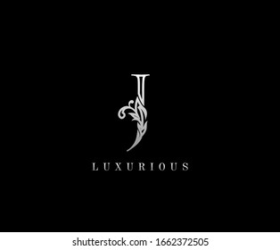 Initial J letter silver luxury beauty flourishes vintage monogram logo perfect for boutique, wedding invitation, restaurant,hotel.