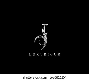 Initial J letter silver luxury beauty flourishes vintage monogram logo perfect for boutique, wedding invitation, restaurant,hotel.
