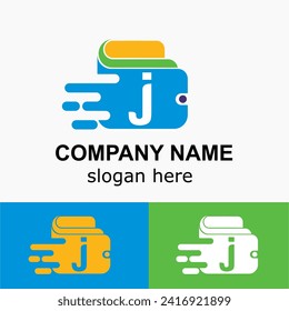 Letra j inicial con aceleración de cartera y velocidad, Idea de logotipo simple de pago rápido en línea. Concepto de vectores de cartera digital. 