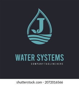 Initial J Letter  with water drop and leaf for water drainage, sanitation, purified, repair, cleanup, maintenance water system service company logo vector idea