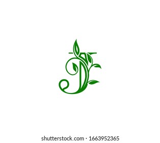 Initial J Logo. J Letter Design Vector with Green Color and Floral Hand Drawn Green Leaves.