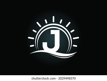 Initial J monogram alphabet with abstract sun and wave. Ocean sun logo design. Font emblem. Modern vector logo for a business, and company identity