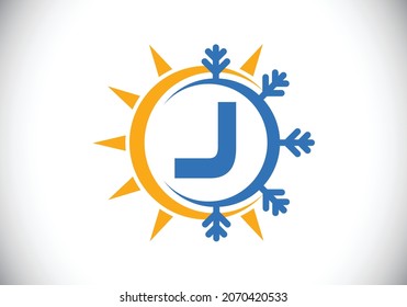 Initial J monogram alphabet with abstract sun and snow. Air conditioner logo sign symbol. Hot and cold symbol. Modern vector logo for conditioning business and company identity