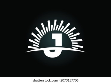 Initial J monogram alphabet with the abstract sun and swoosh. Sunburst logo sign symbol. Modern vector logo for business and company identity