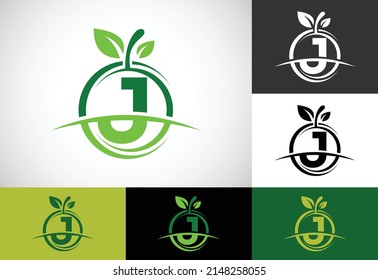 Initial J monogram alphabet with the abstract apple logo. Healthy food logo design vector 