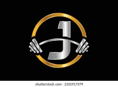 Initial J monogram alphabet with a barbell. Lifting vector logo design. Vector logo for bodybuilding