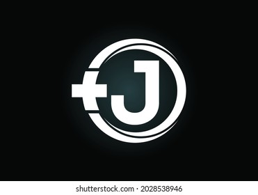 Initial J monogram alphabet in a circle with cross plus. Medical logo design concept. Font emblem. Logo for pharmacy, clinic, medical or healthcare business, and company identity
