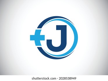 Initiales J-Monogramm-Alphabet in einem Kreis mit Kreuz plus. Design des medizinischen Logos Schriftemblem. Logo für Apotheken, Kliniken, medizinische oder gesundheitliche Angelegenheiten und Firmenidentität