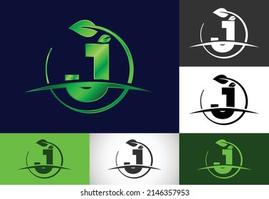 Initial J monogram alphabet with circle leaf and swoosh. Eco-friendly logo concept. Modern vector logo for ecological business and company identity