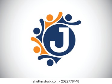 Initial J monogram alphabet with connecting people. Team, cooperation logo sign symbol. Font emblem. Logo for corporate business collaboration and great work