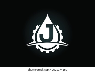 Alfabeto monograma J inicial con oscilación de engranajes y aceite. Concepto del logotipo del petróleo y el gas. emblema de letra. Logo vectorial moderno para negocios petroleros e identidad de la empresa
