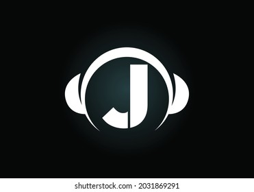 Initial J monogram alphabet with a headphone. Headphone Logo. Music sign symbol. Font emblem. Design element for poster, banner, t-shirt, notebook cover, sticker, greeting card, bag, badge.