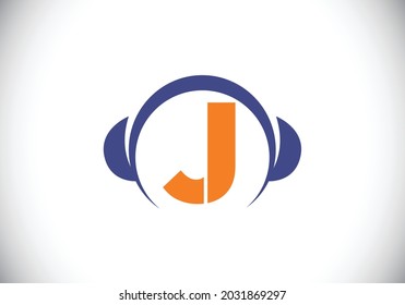 Alfabeto monograma J inicial con auriculares. Logotipo de auriculares. Símbolo de signo musical. emblema de letra. Elemento de diseño para afiches, pancartas, camisetas, portada para portátiles, pegatinas, tarjeta de felicitación, bolso, insignia.