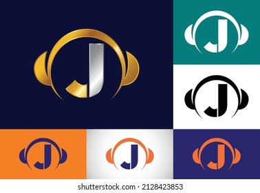 Initial J monogram alphabet with a headphone. Headphone Logo. Music sign symbol. Font emblem.