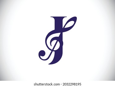 Initial J monogram alphabet with a musical note. Symphony or melody signs. Musical sign symbol. Font emblem. Modern vector logo design template.