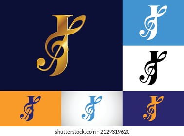Alfabeto monograma J inicial con una nota musical. Signos de sinfonía o melodía. Símbolo musical.