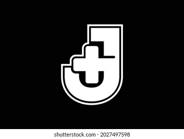 Initial J monogram alphabet with a plus logo sign white in black background. Font emblem. Modern vector logo for medical or health business, and company identity