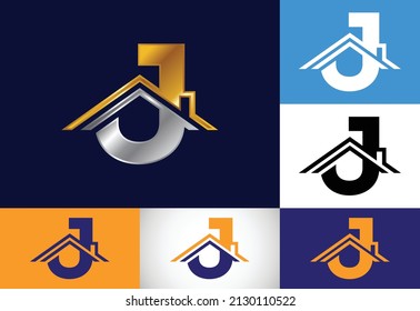 Initiales J-Monogramm-Alphabet mit dem Dach. Hausschild oder Hausschild. Konzept des Immobilienlogos. Schriftemblem. Modernes Vektorlogo für Immobiliengeschäft und Firmenidentität.