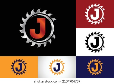 Alfabeto monograma J inicial con la hoja de la sierra. Carpintería, diseño de logotipo de carpintería. emblema de letra. Logotipo vectorial moderno para la identidad empresarial y de empresa de aserradero