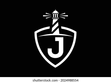 Initial J monogram alphabet in a shield with the lighthouse. Harbor logo. Font emblem. Modern vector lighthouse logo for business, organization, or website