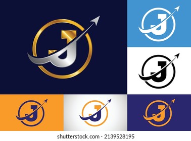 Diseño inicial de símbolo de monograma J incorporado con la flecha. Concepto de logotipo financiero o de éxito. emblema de letra. Logotipo de la identidad comercial y de empresa de contabilidad