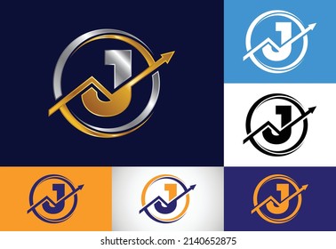 Diseño inicial de símbolo de monograma J incorporado con la flecha. Concepto de logotipo financiero o de éxito. Logotipo de la identidad comercial y de empresa de contabilidad