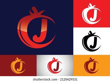 Anfangs-J-Monogramm-Alphabet mit Tomate. Design-Vorlage für das Logo von Tomato. Schriftemblem. Modernes Vektorlogo für die Bio-Lebensmittelindustrie und Firmenidentität