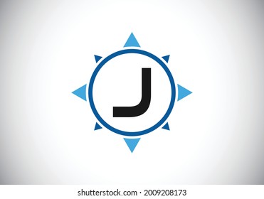 Anfangsbuchstabe J Monogramm Buchstaben in einem Kompass. Schriftemblem. Logo-Symbol ergänzen. Modernes Vektorlogo-Design für Geschäfts- und Firmenidentität.