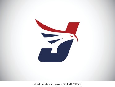 Initial J monogram letter alphabet with Eagle head negative space symbol. Creative Eagle head vector illustration. Modern logo design for business, and company identity.