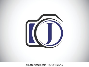 Initial J monogram letter alphabet with a camera icon. Photography logo vector illustration. Modern logo design for photography business, and company identity.
